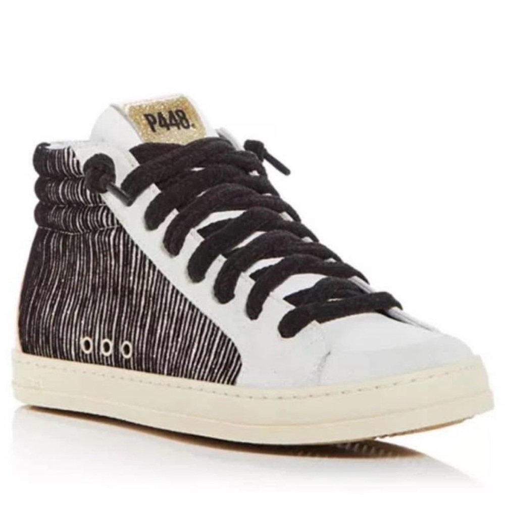 P448 Black and White High-Top Sneaker with Gold Tongue Tag